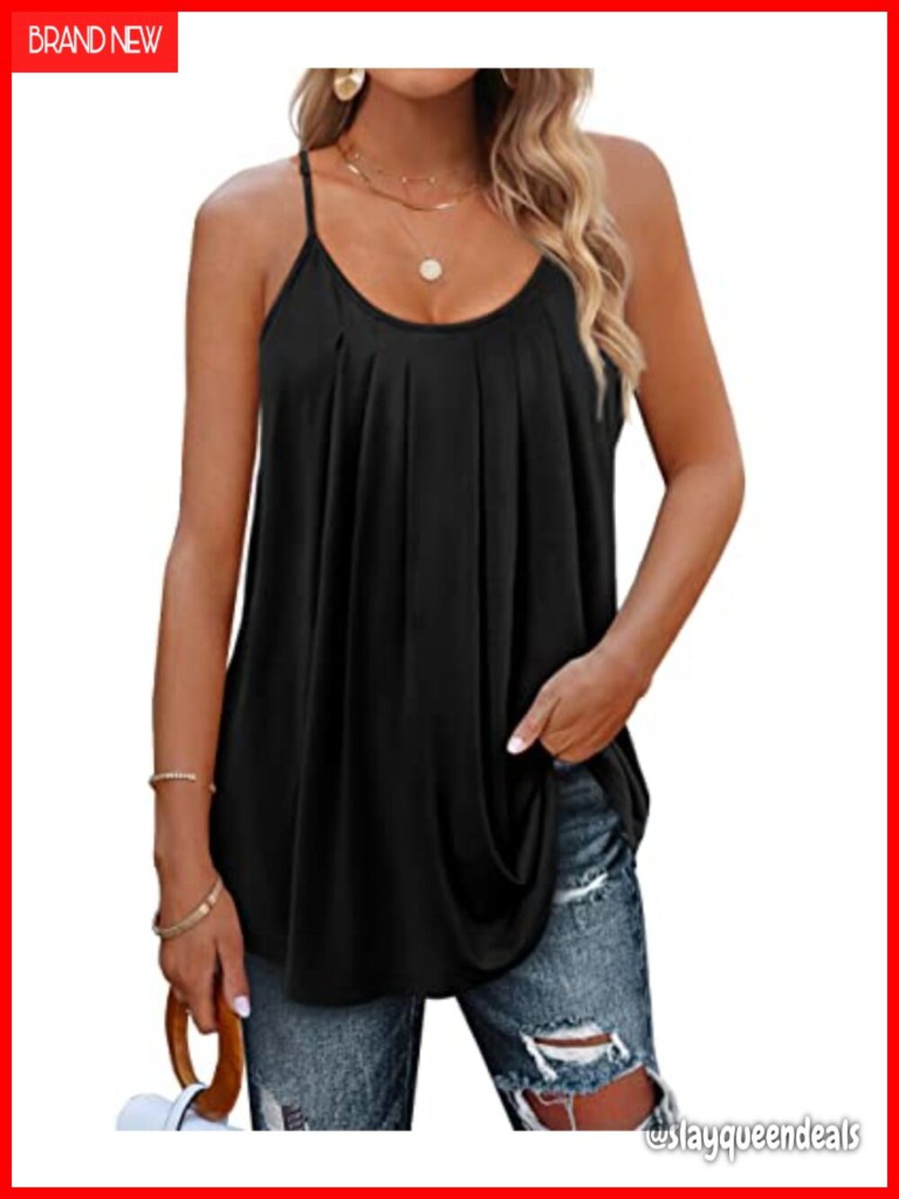 Women's Summer Tank Top Pleated Scoop Neck Sleeveless Cami Loose Fit
